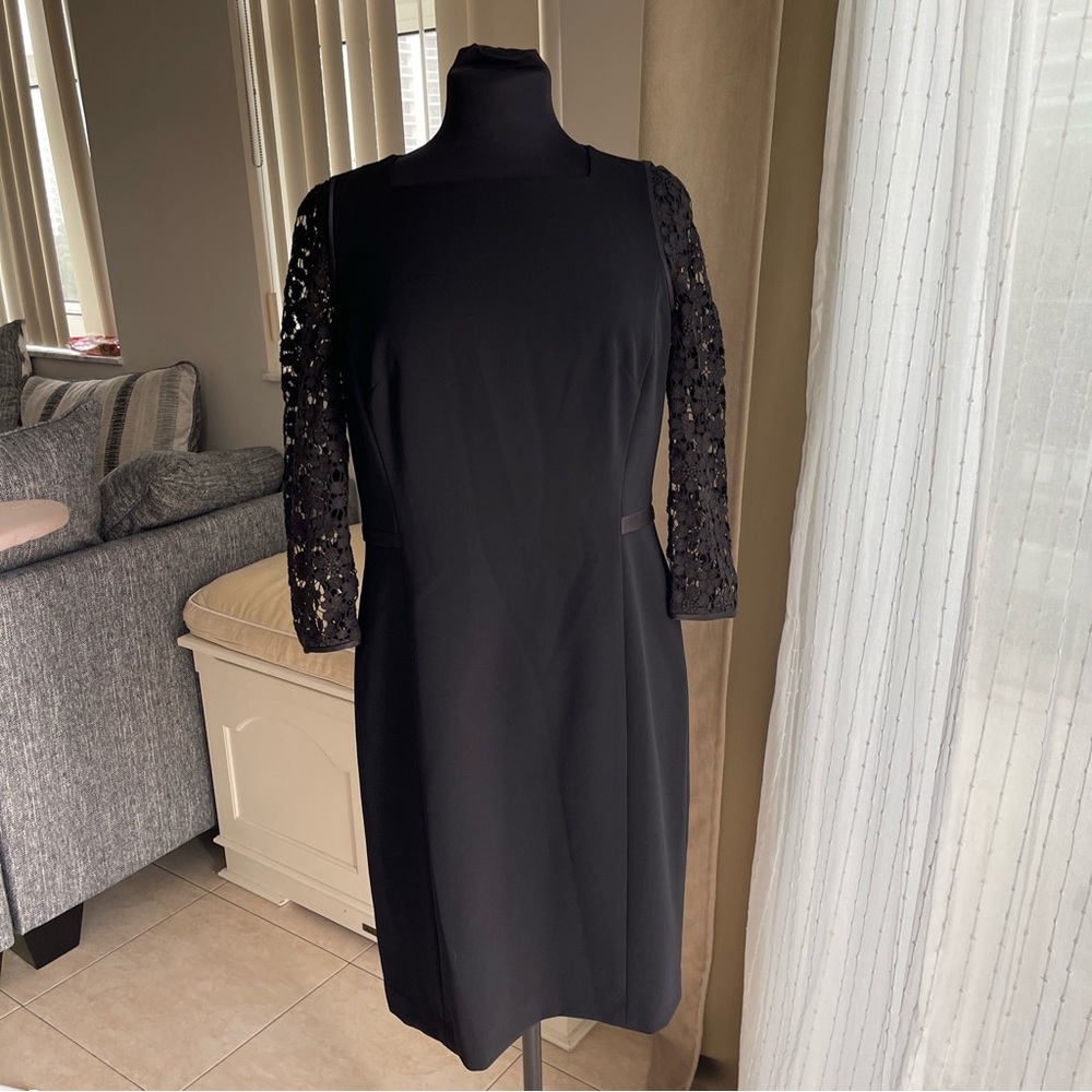 Lafayette 148 Black Sheath Crepe Satin Trim Lace Contrast Sheath Dress 4